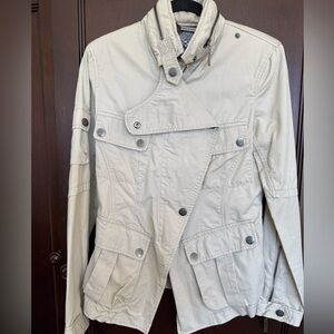 Vince Camuto Military Utility Gray Beige Jacket,Hidden Rain Hat in Collar, S